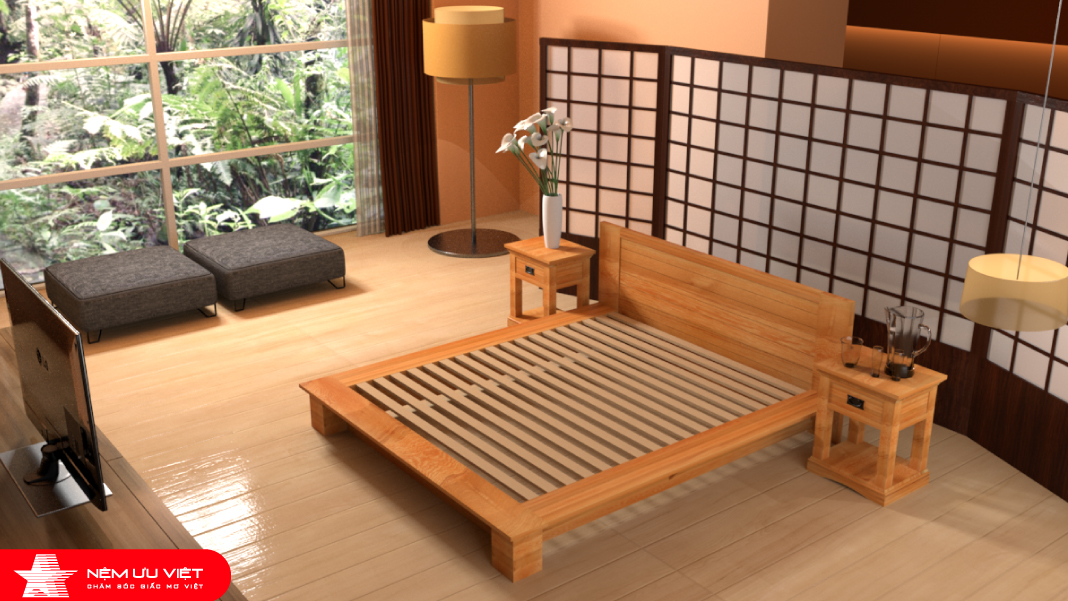 Bộ giường ngủ kiểu Nhật gỗ Sồi Mỹ vai to cao cấp - Nệm Ưu Việt