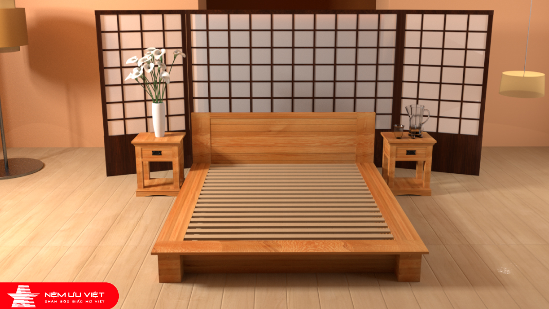 Bộ giường ngủ kiểu Nhật gỗ Sồi Mỹ cao cấp - Nệm Ưu Việt