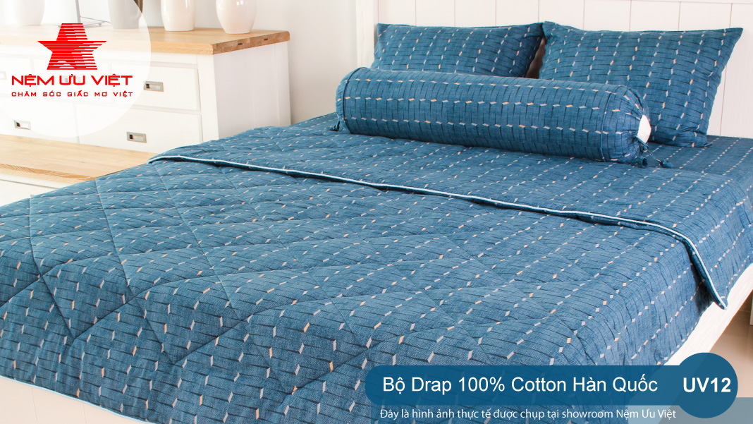 Bộ chăn Drap 100% Cotton Hàn Quốc UV12 êm ái thoáng mát
