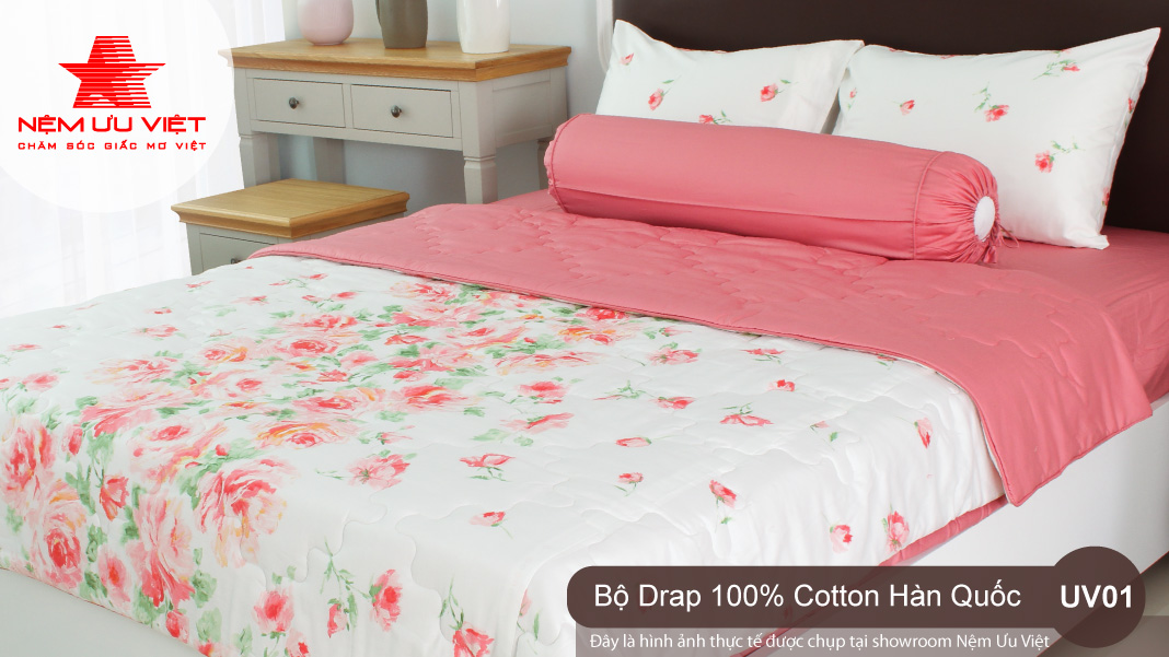 Bộ chăn Drap 100% Cotton Hàn Quốc UV01 thoáng mát mềm mại