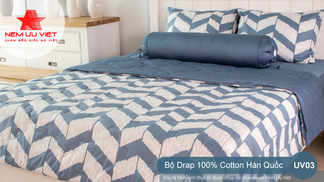 Bộ chăn Drap 100% Cotton Hàn Quốc UV03 êm ái thoáng mát