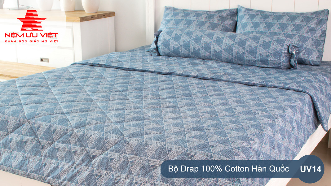 Bộ chăn Drap 100% Cotton Hàn Quốc UV21 cao cấp Nệm Ưu Việt